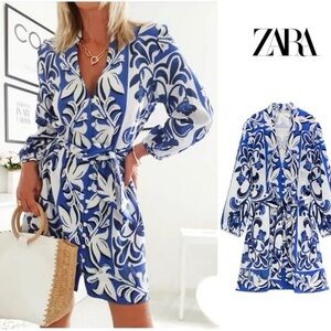 Zara linen blend printed shirt mini dress 7964/026